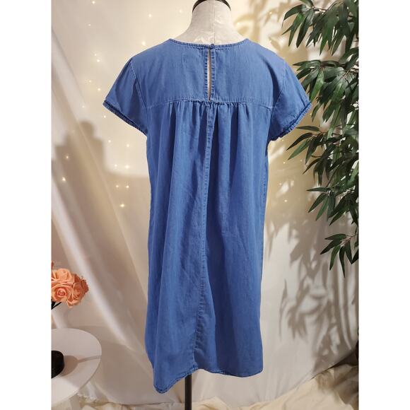 Old Navy Womens Embroidered Floral Chambray Denim Dress Size L Cottage Boho Blue - Picture 2 of 10